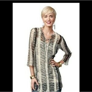 CABI Boho sheer tribal Snakeskin lagenlook Blouse Swim Coverup XS